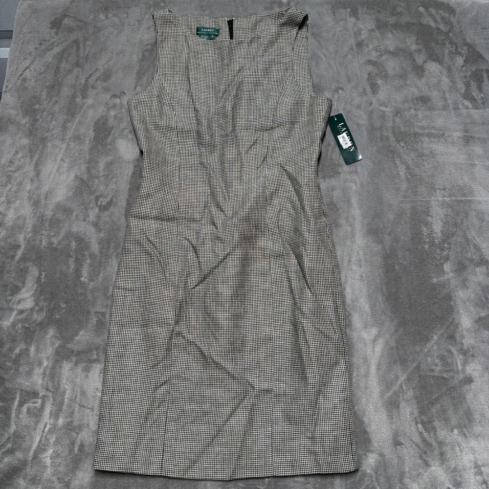 Lauren Ralph Lauren Westbury Sheath Dress Womens 10 Black Houndstooth Linen Wool